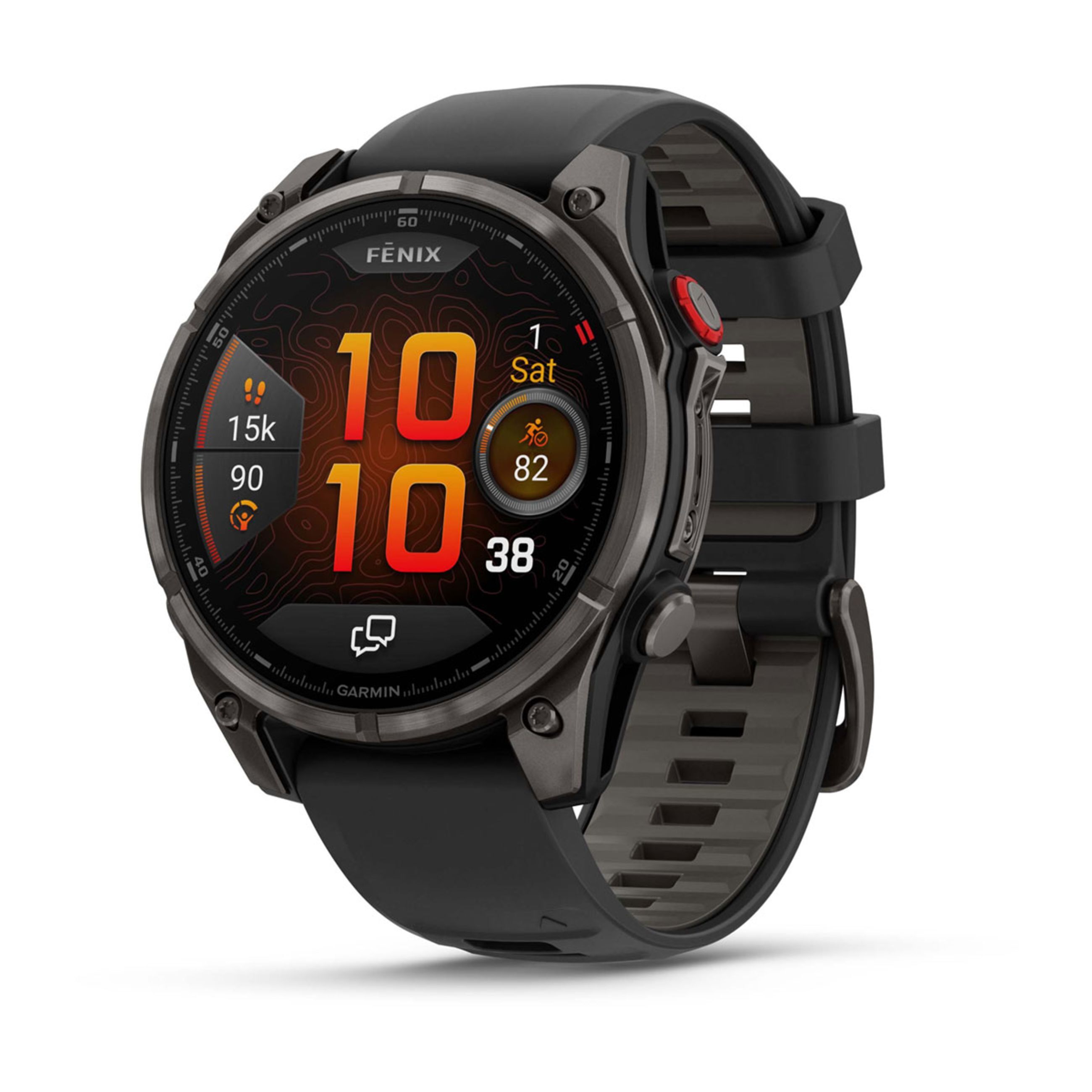 FēNix 8 – 43 Mm, Amoled - Sapphire, Carbon Gray Dlc Titanium With Black/Pebble Gray Silicone Band