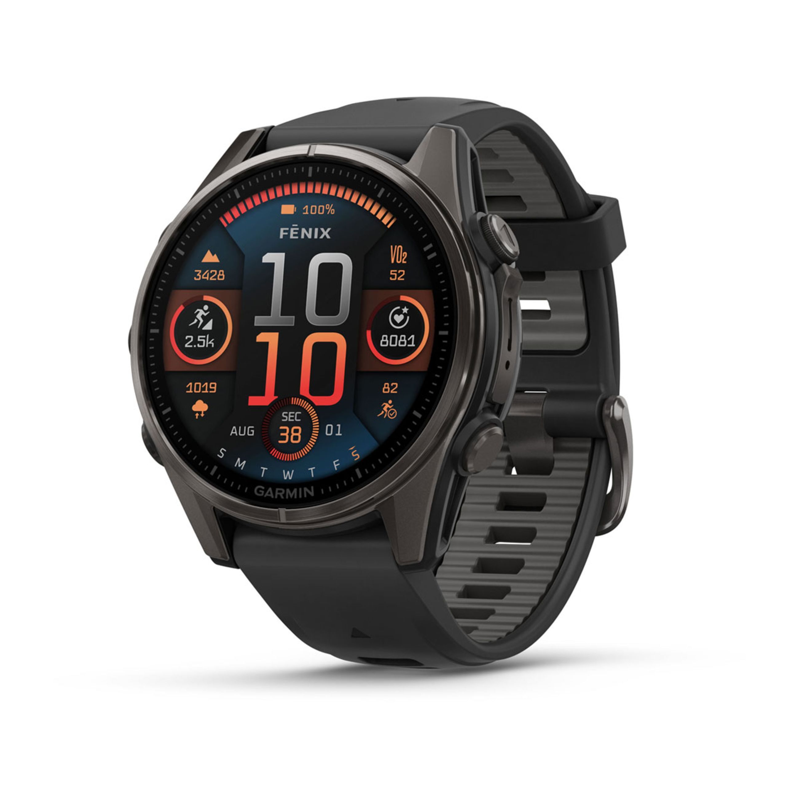 FēNix 8 – 43 Mm, Amoled - Sapphire, Carbon Gray Dlc Titanium With Black/Pebble Gray Silicone Band